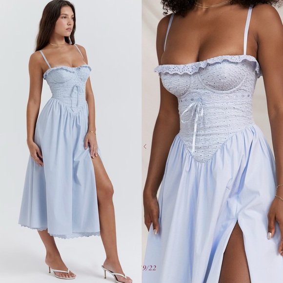 House of CB Jaime soft blue cotton broderie Anglais midi sundress - Picture 12 of 16